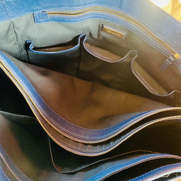 Tory Burch Robinson Large Triple Compartment Navy Blue Saffiano Leather Tote - Picture 5 of 16
